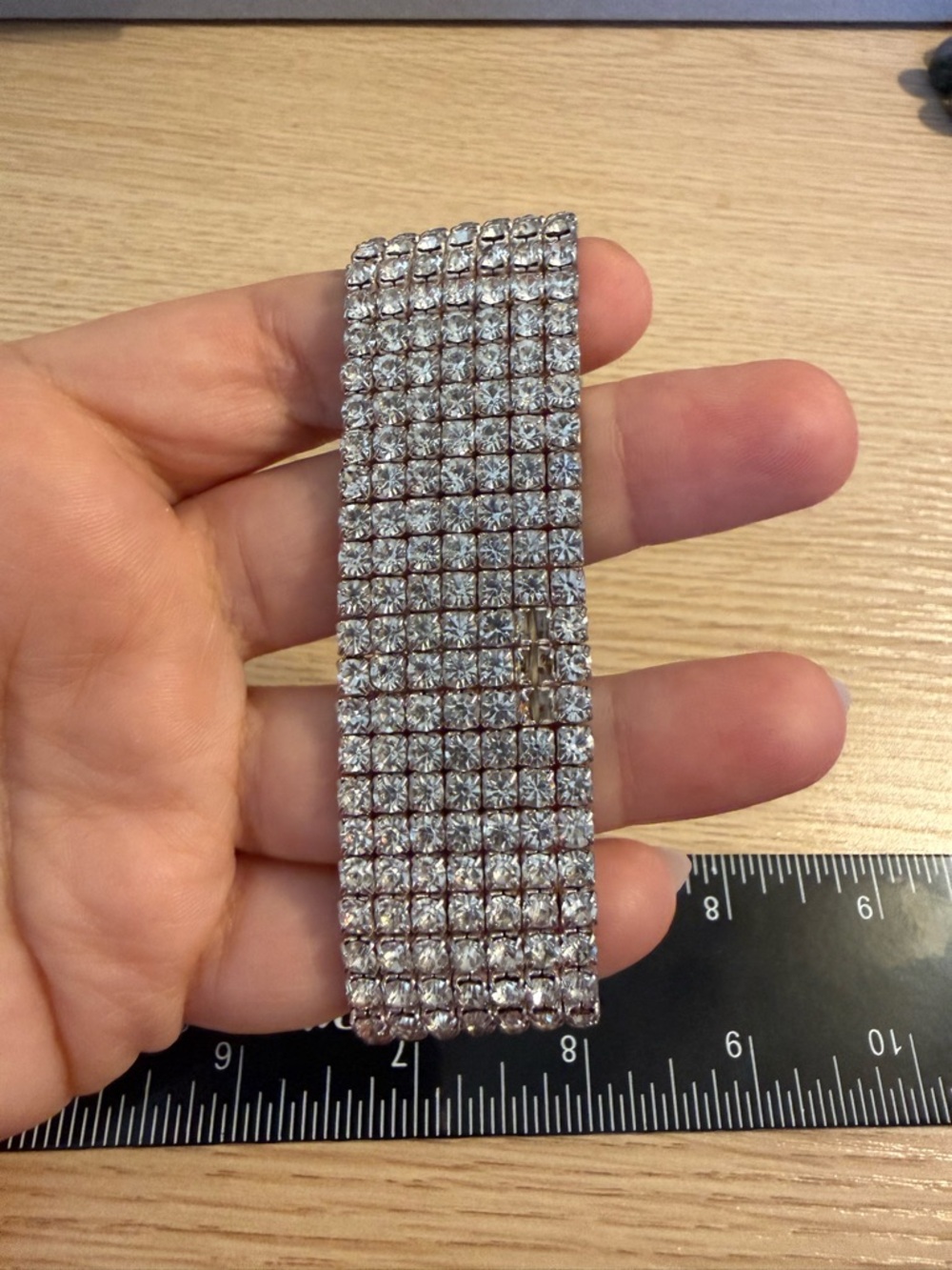 Vintage Silver‎ Tone 8 Row Clear Rhinestone Wide Stretch Cuff Statement Bracelet